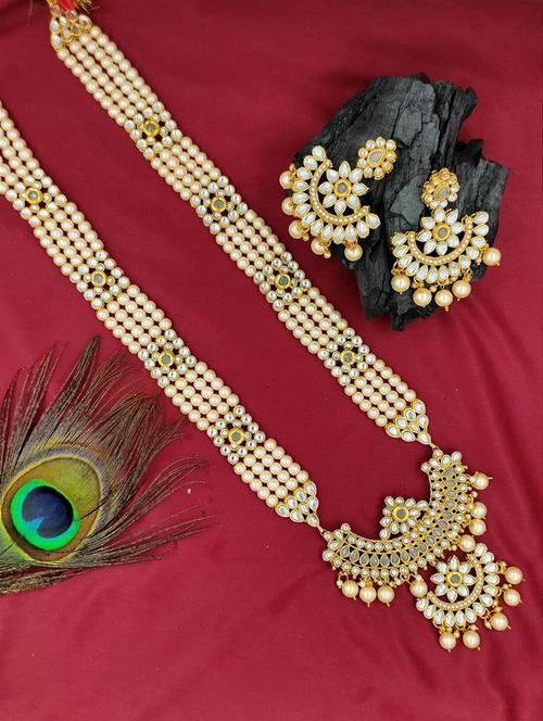  designer traditional grey long haram gold plated pearls necklace set for women - 18458367 -  Standard Image - 0