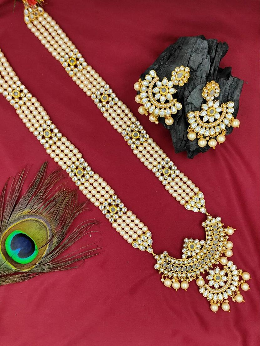  designer traditional grey long haram gold plated pearls necklace set for women - 18458367 -  Zoom Image - 0