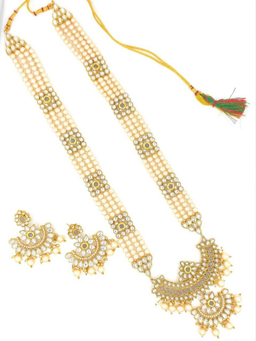 designer traditional grey long haram gold plated pearls necklace set for women - 18458367 - Standard Image - 2