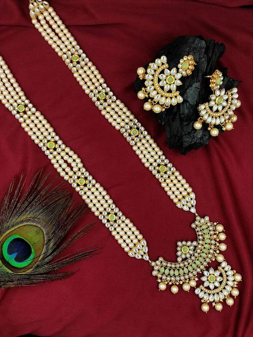 designer traditional mint long haram gold plated pearls necklace set for women - 18458368 - Standard Image - 0