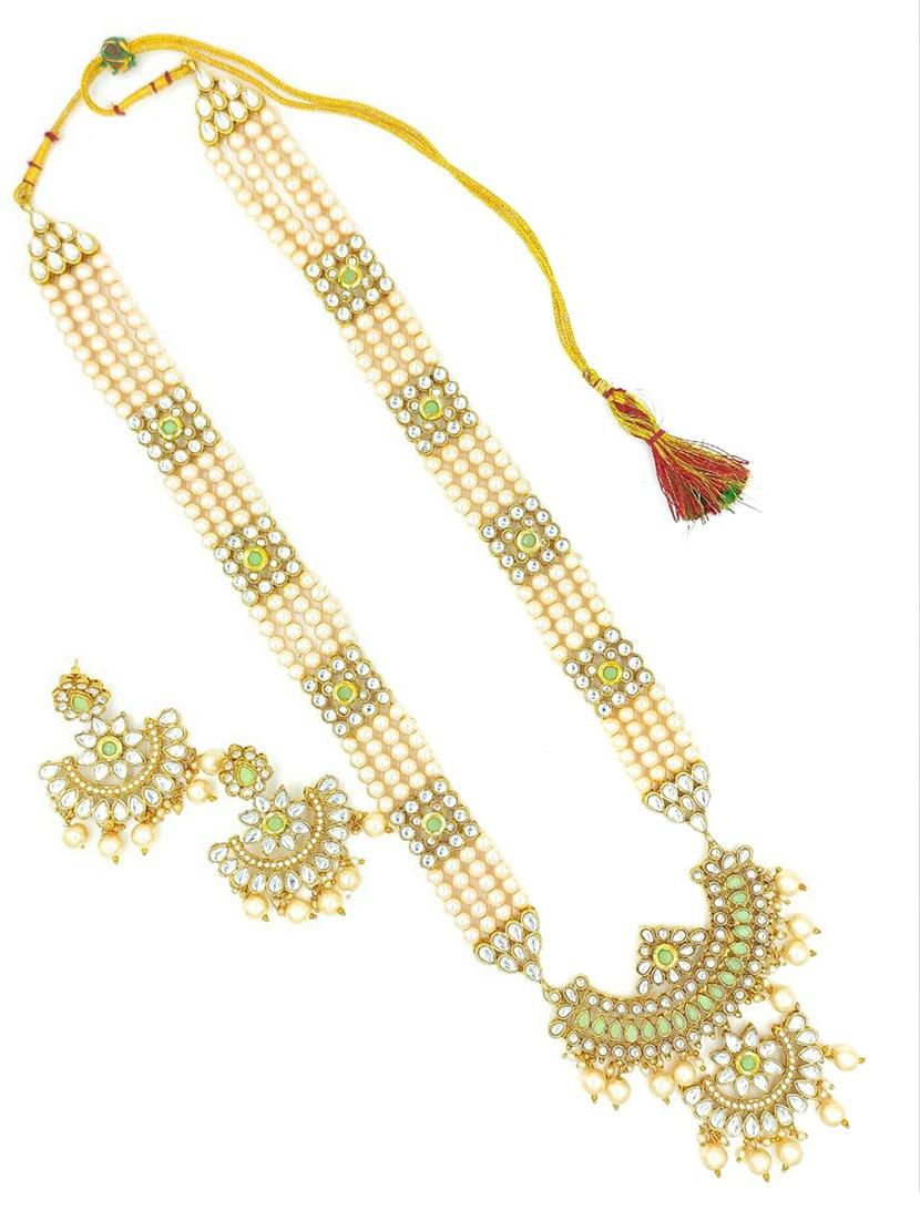 designer traditional mint long haram gold plated pearls necklace set for women - 18458368 - Standard Image - 2