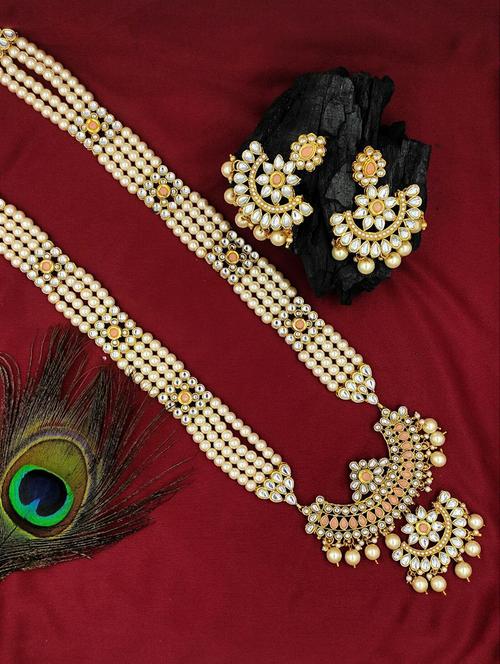 designer traditional ph long haram gold plated pearls necklace set for women - 18458369 - Standard Image - 0