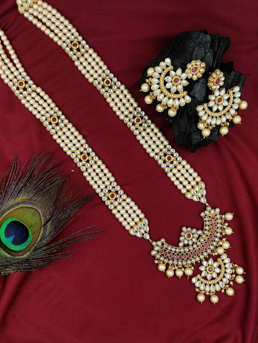  designer traditional ruby long haram gold plated pearls necklace set for women