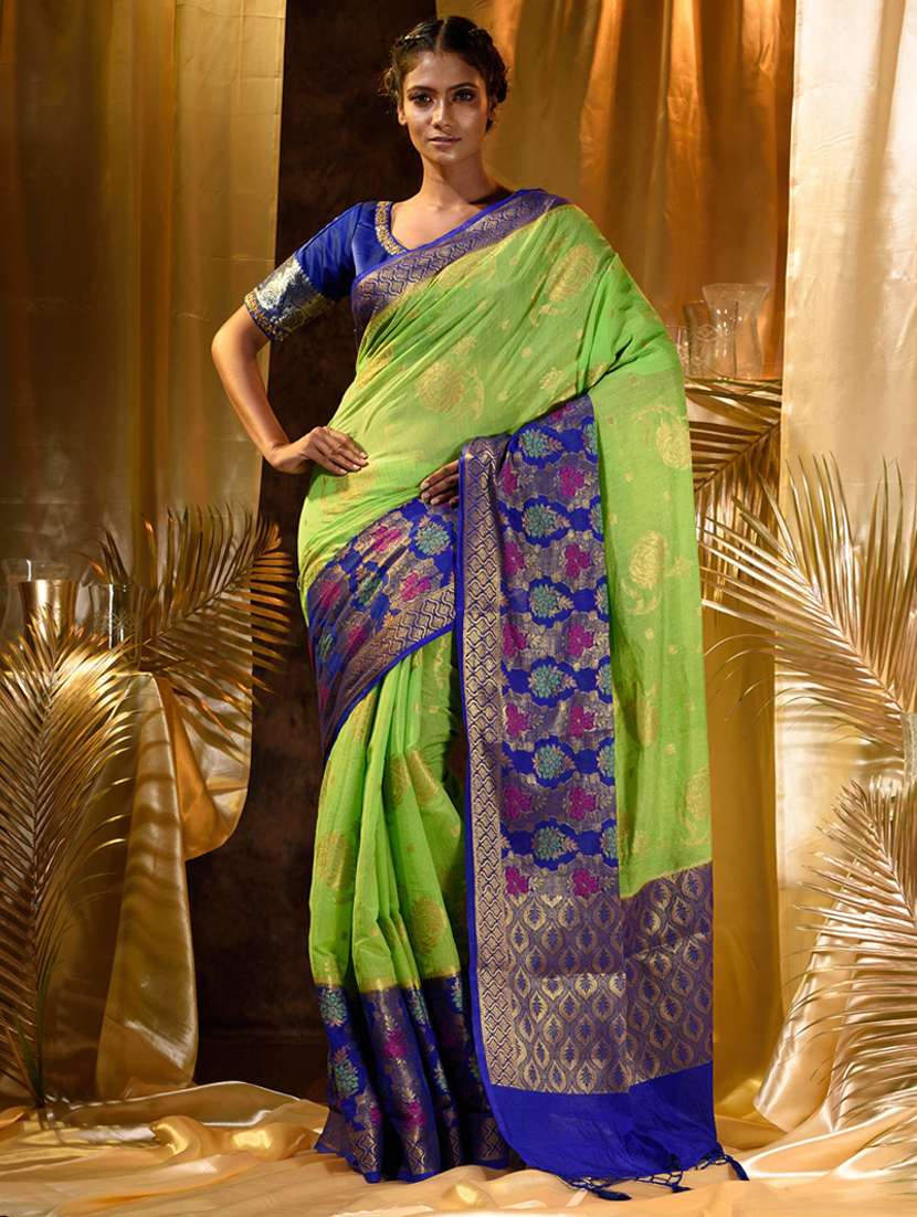 golden zari work woven saree with blouse