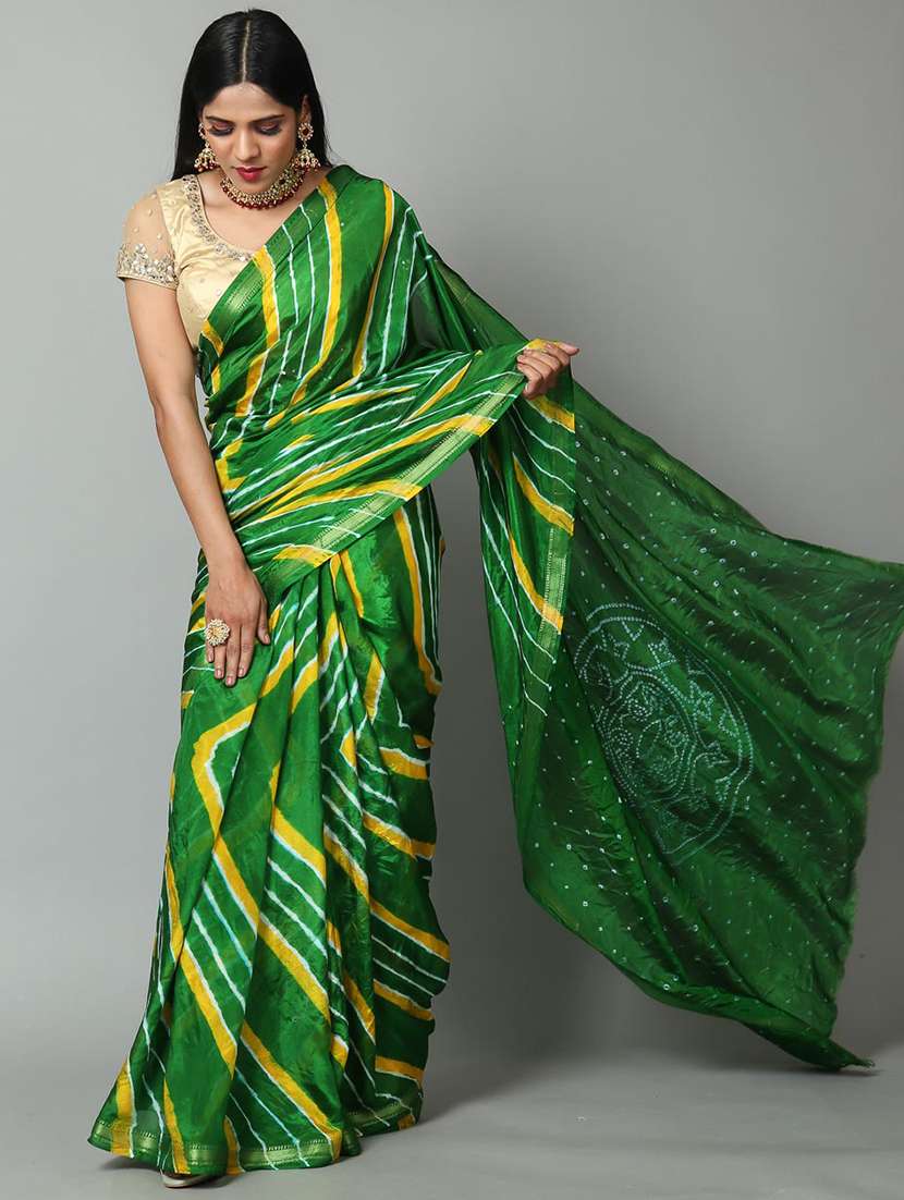 golden zari work leheriya saree with blouse