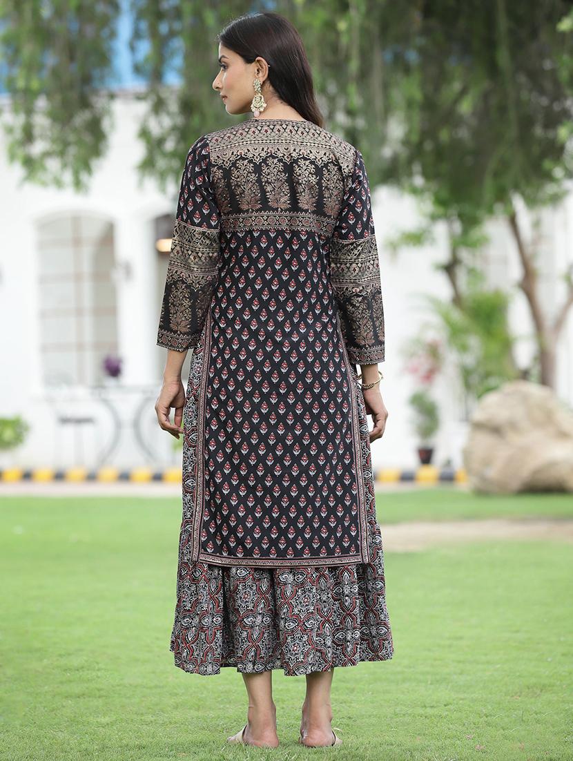 foil printed layered ethnic dress with jacket - 18458814 - Standard Image - 2