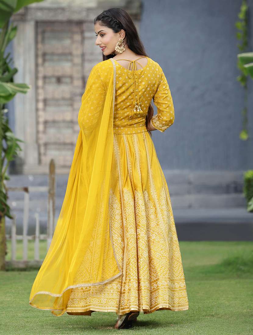 Yellow Foil Print Stitched Flared Lehenga Choli Set With Dupatta