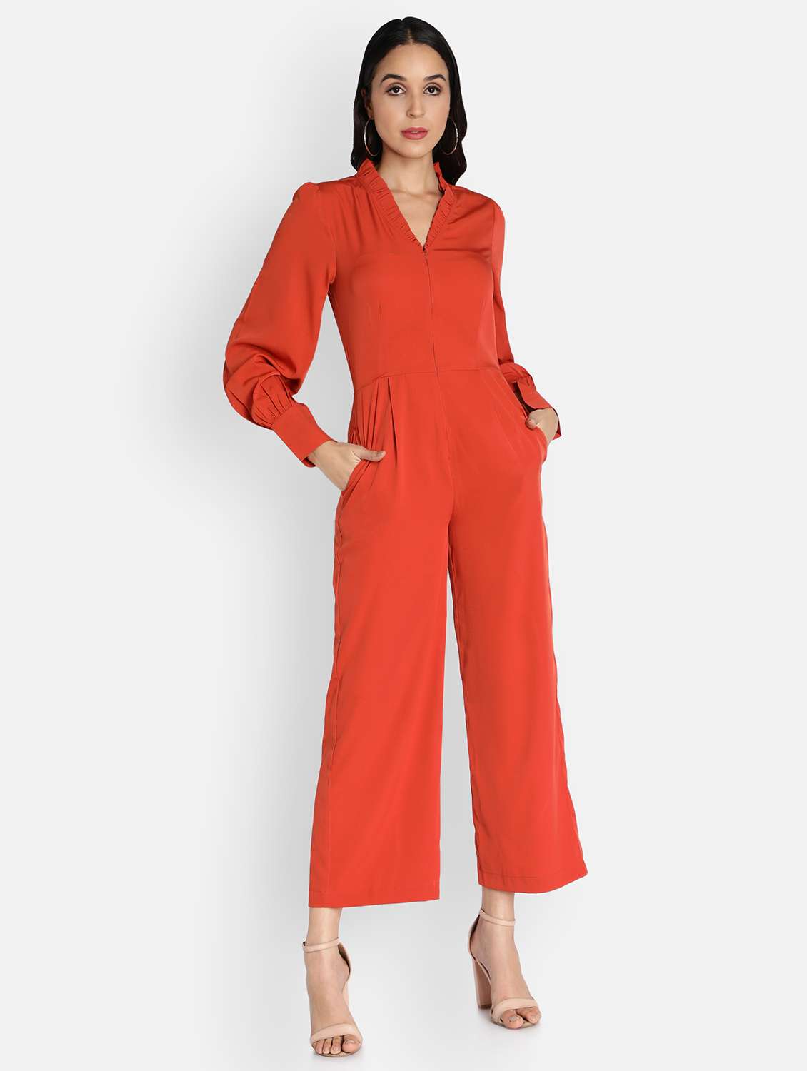 bishop sleeved solid full leg jumpsuit