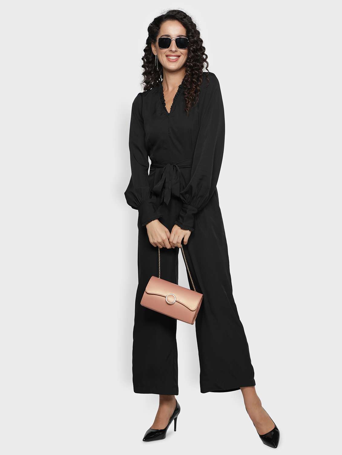 bishop sleeved solid full leg jumpsuit