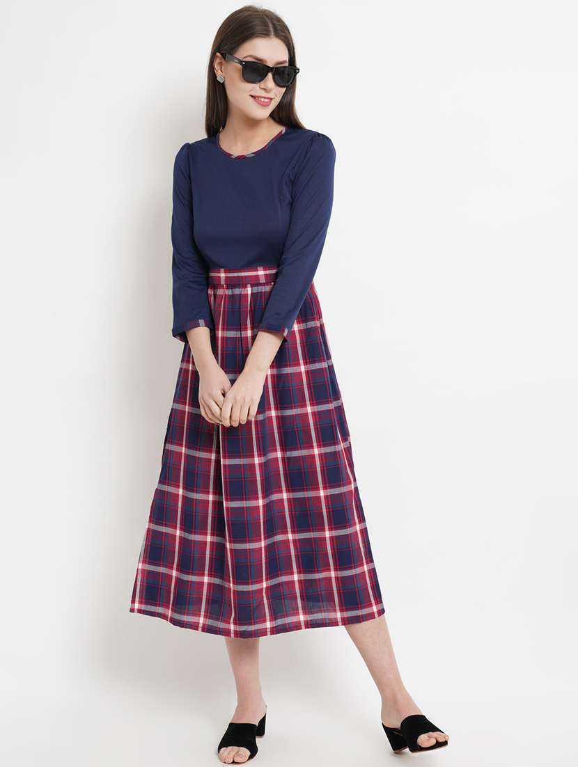 round neck checkered a-line dress