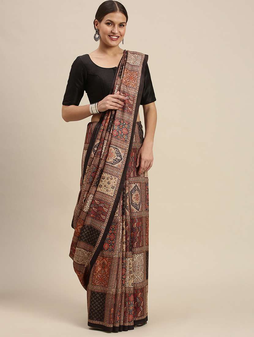 women's block print multi colored saree with blouse