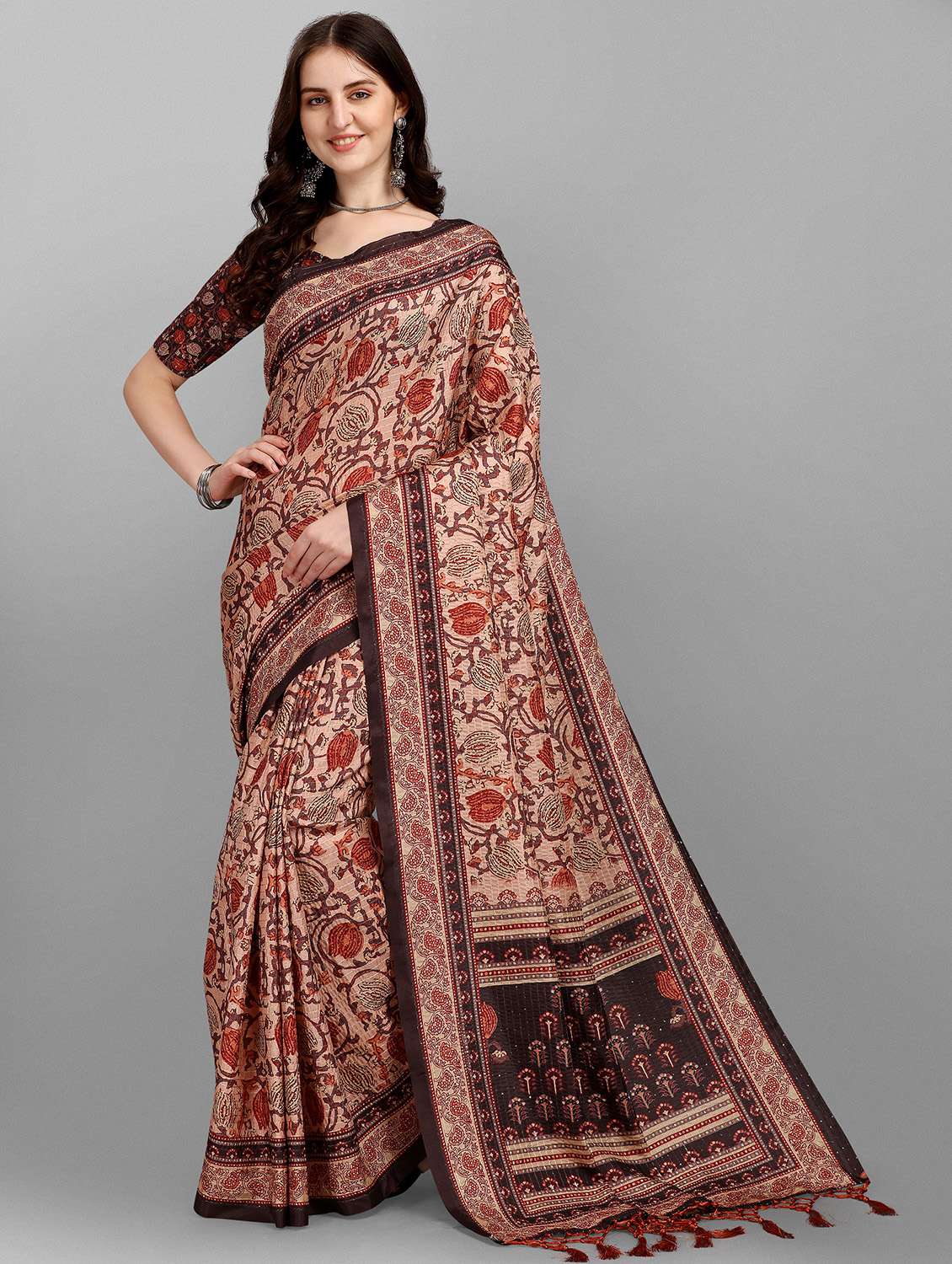 women's floral beige colored saree with blouse