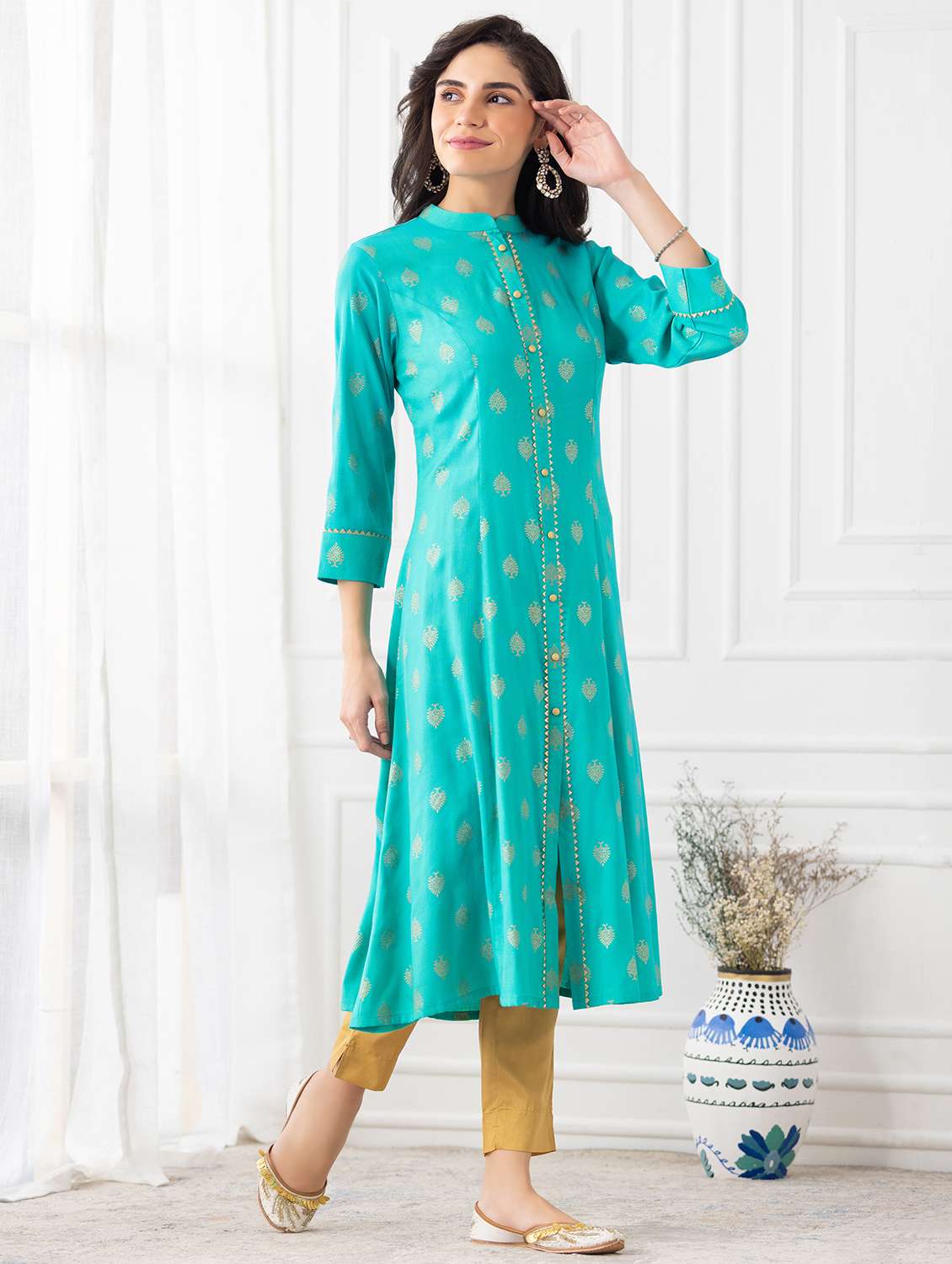 turquoise foil print a-line kurta