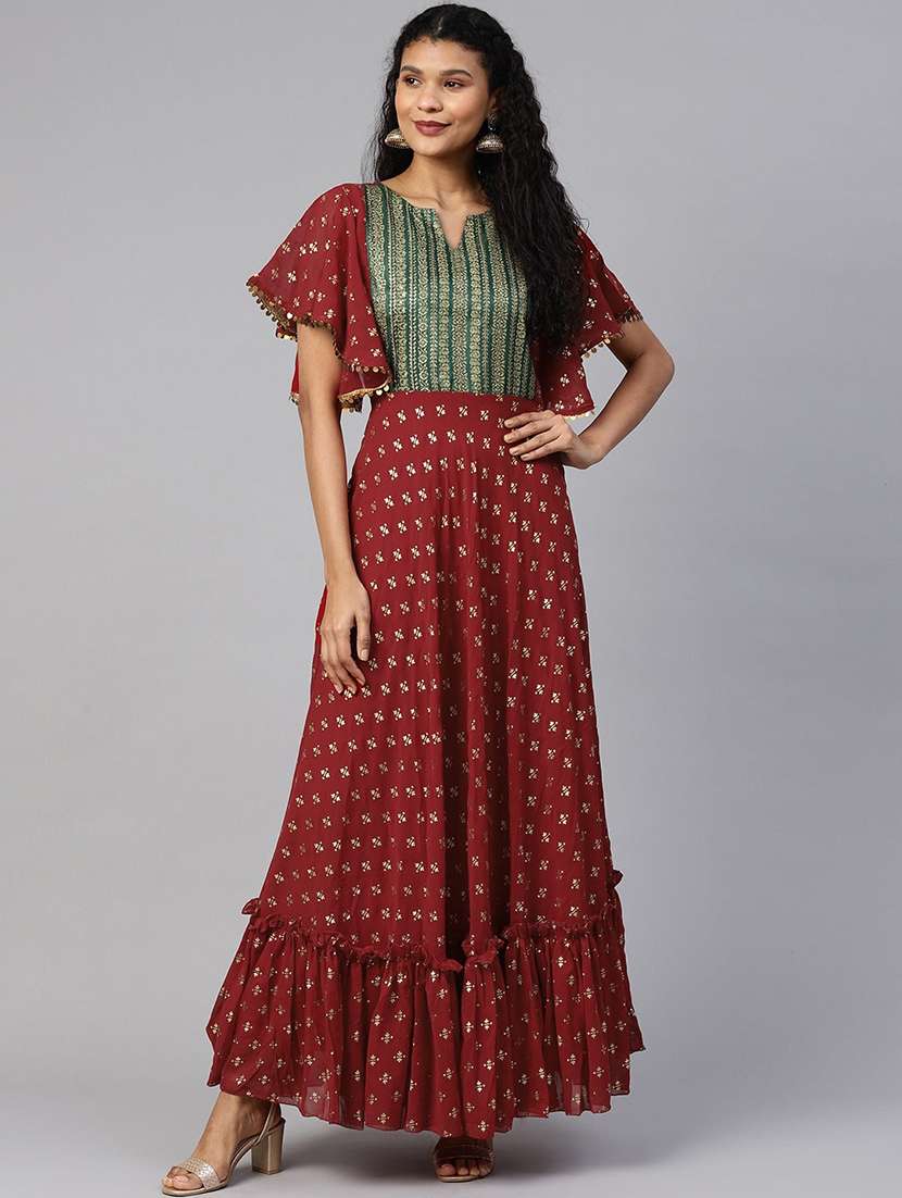 maroon foil print a-line kurta - 18463696 -  Standard Image - 2
