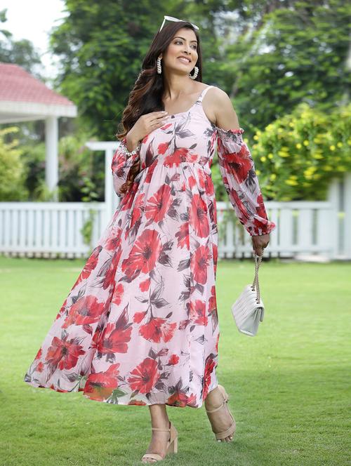 women floral print cold shoulder fit& flare dress - 18465710 - Standard Image - 0