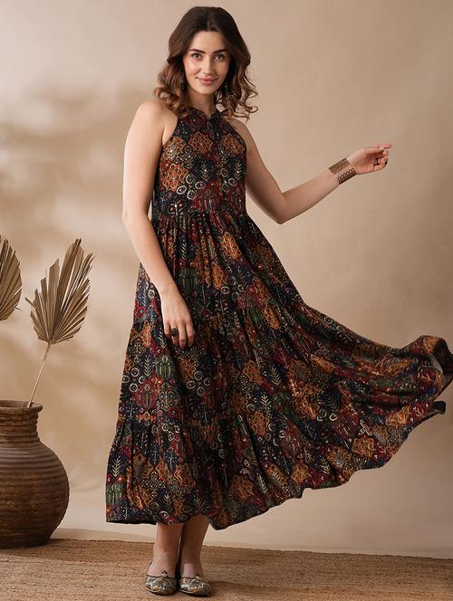 globus women blue floral print halter neck fit & flare tired maxi dress - 18465987 -  Standard Image - 0