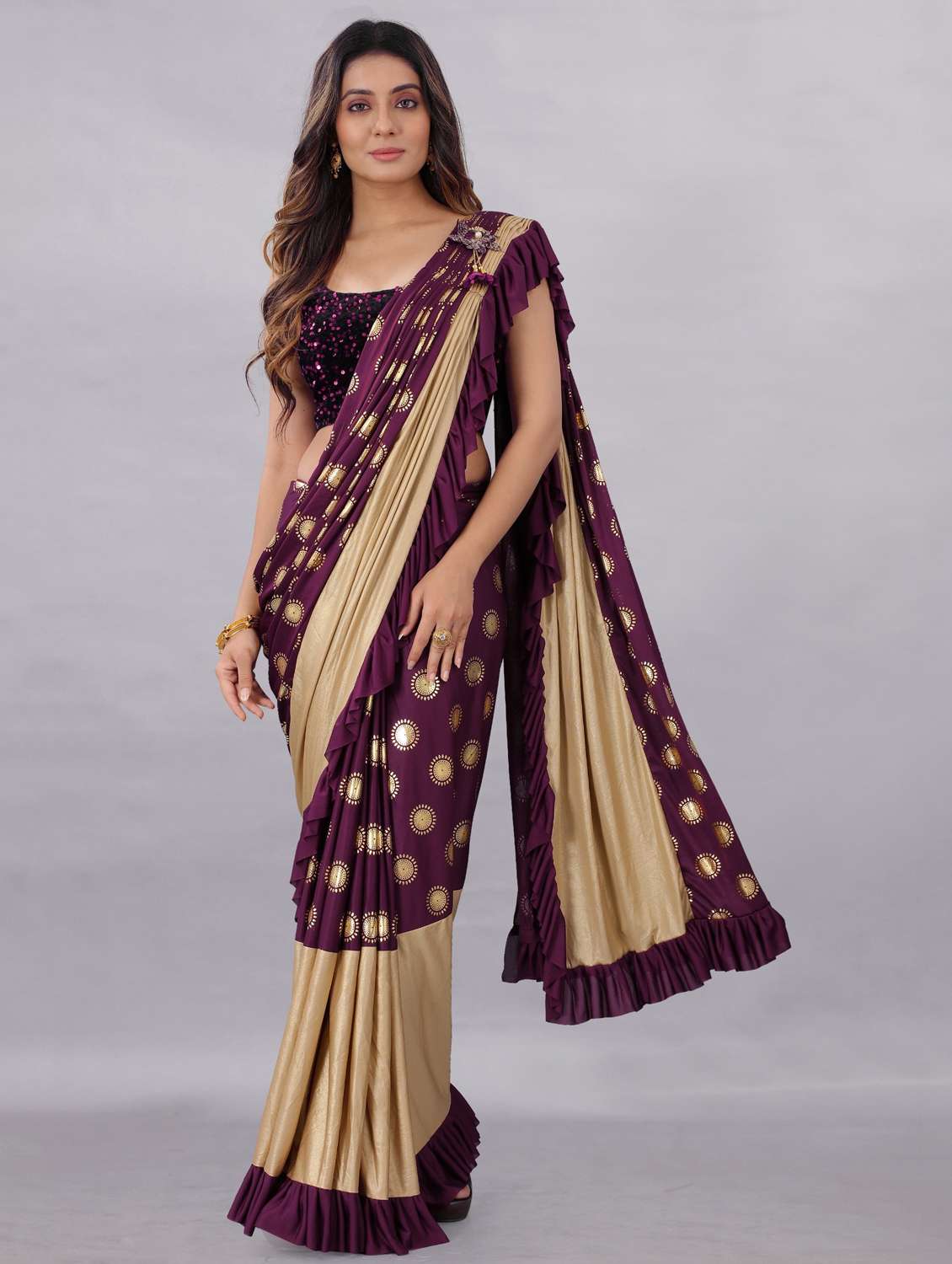 foil print sequence embroidered saree with blouse