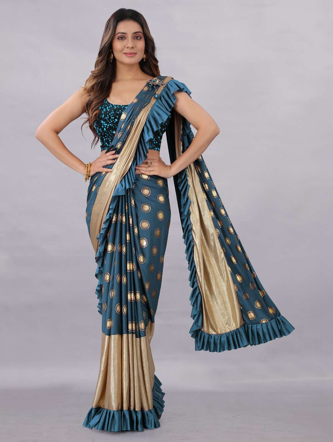 foil printed ruffle saree with blouse