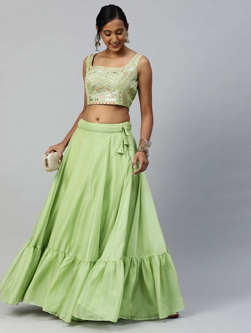 green mirror work stitched flared lehenga choli set