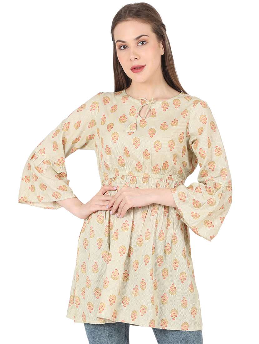beige printed key hole neck tunic