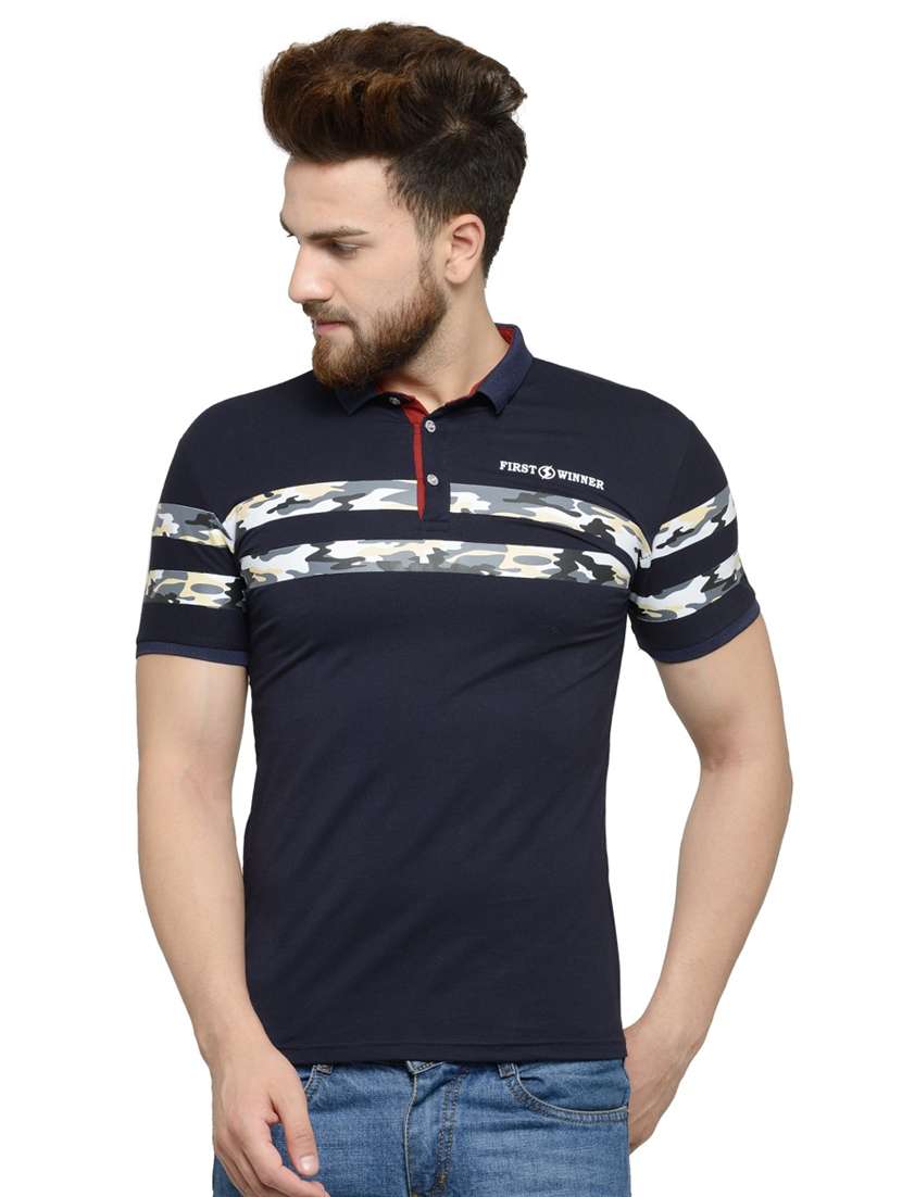 navy-blue chest-printed polo t-shirt