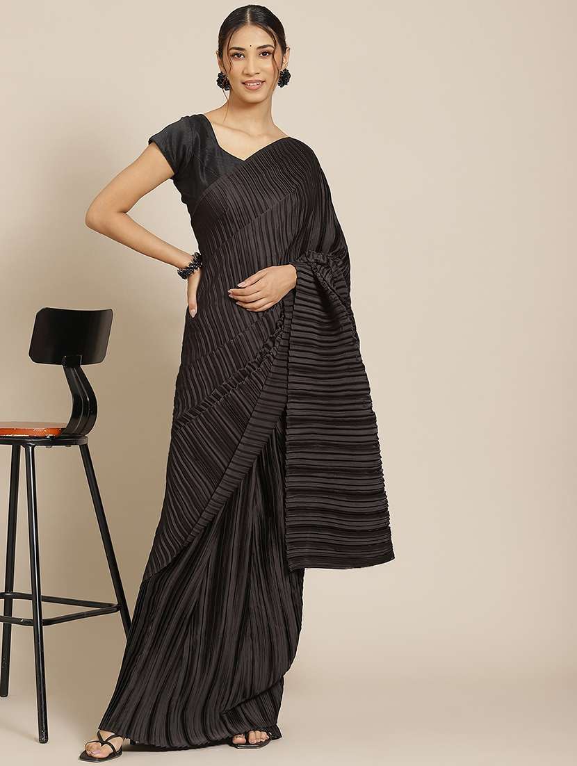 women's solid black colored saree with blouse