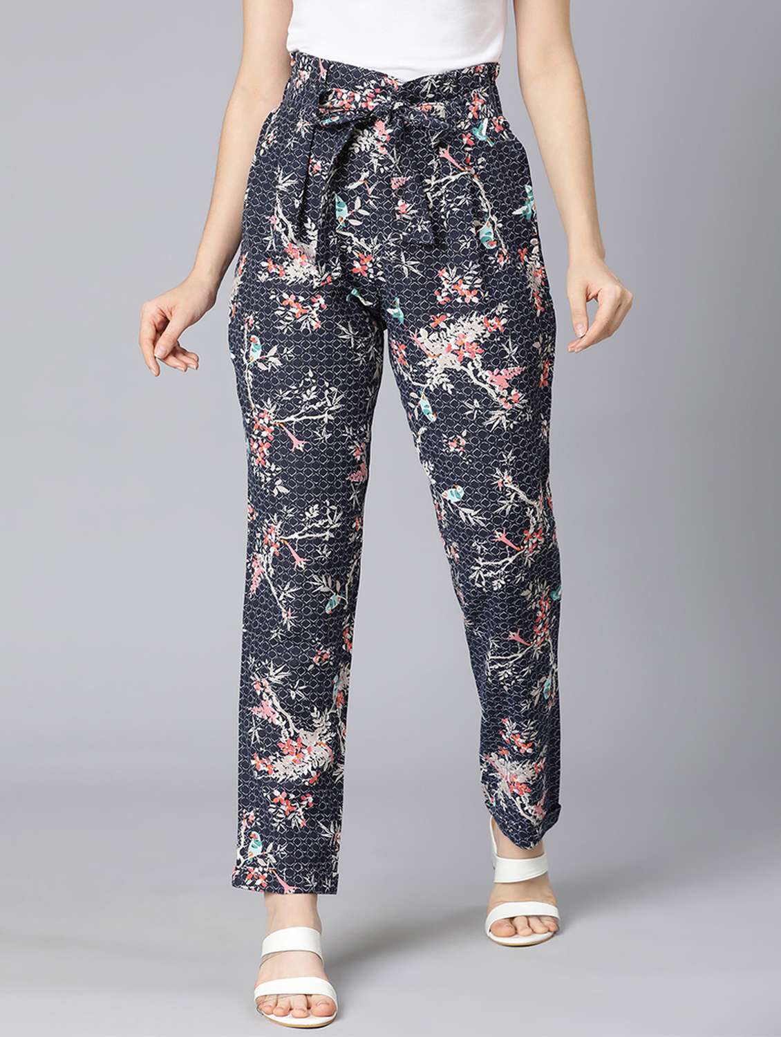 navy blue printed flat front trouser