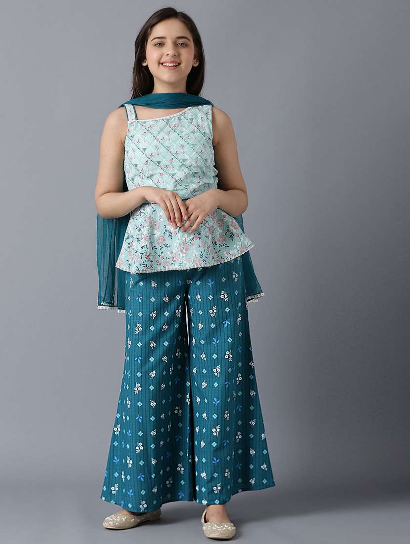 girls green printed kurta palazzo set