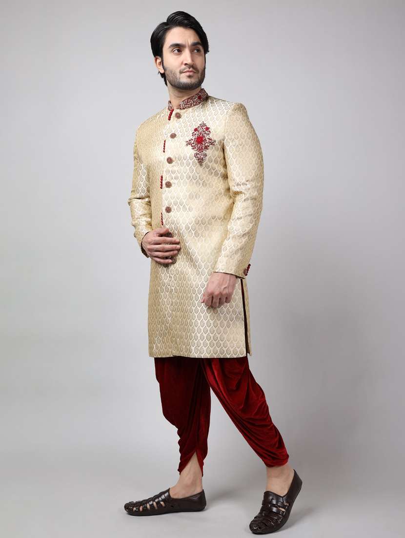 golden silk brocade sherwani ethnic wear set - 18473005 -  Standard Image - 2