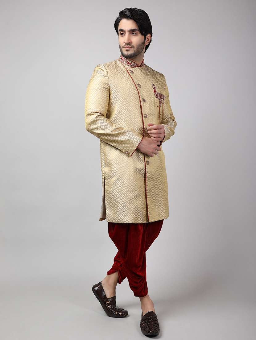 golden silk brocade sherwani ethnic wear set - 18473006 -  Standard Image - 2