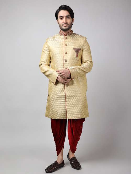 golden silk brocade sherwani ethnic wear set - 18473010 - Standard Image - 0