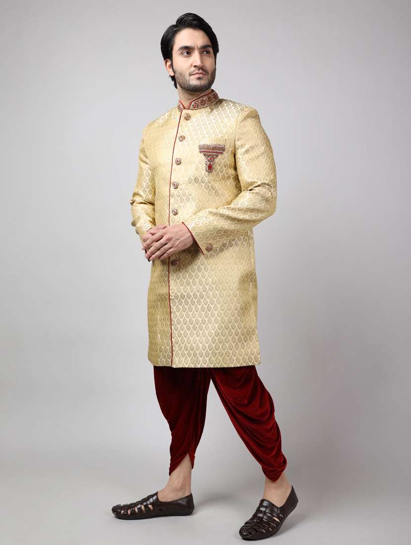 golden silk brocade sherwani ethnic wear set - 18473010 - Standard Image - 2