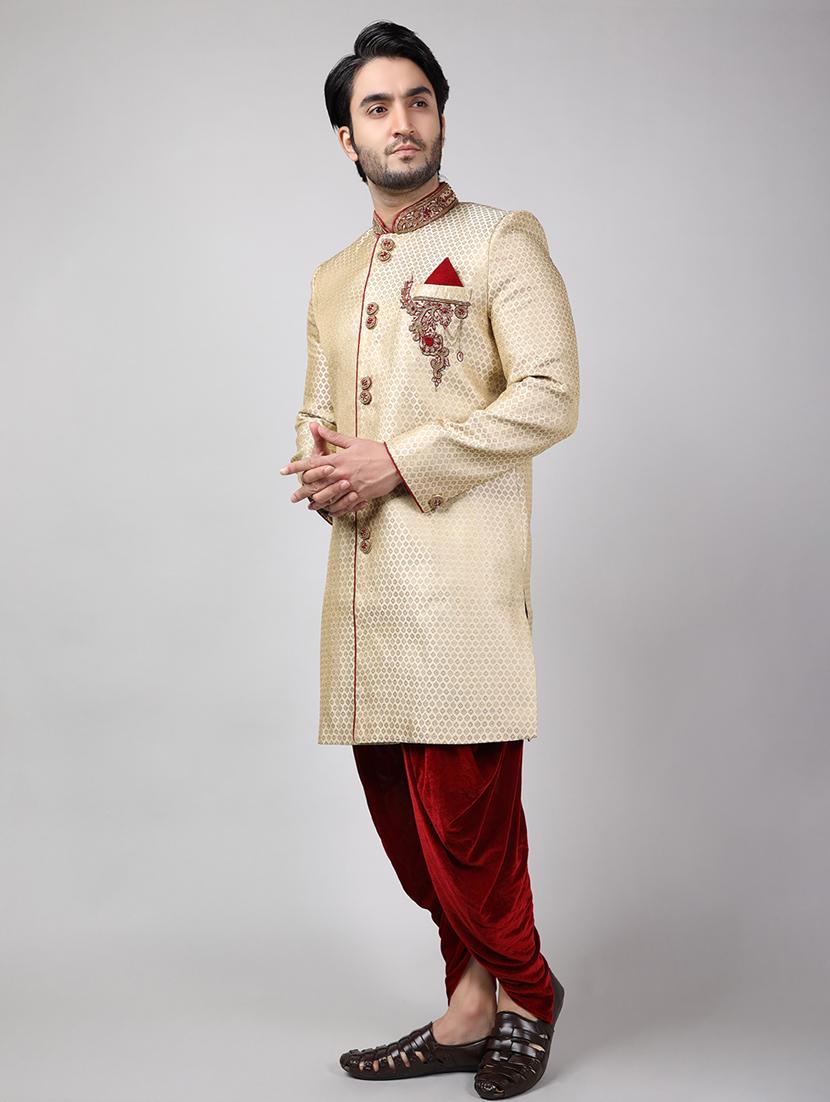 golden silk brocade sherwani ethnic wear set - 18473014 - Standard Image - 2