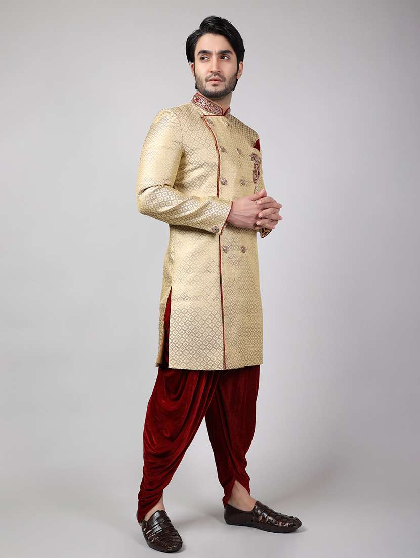 golden silk brocade sherwani ethnic wear set - 18473015 -  Standard Image - 2