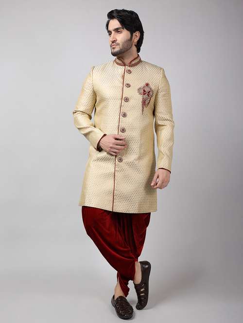 golden silk brocade sherwani ethnic wear set - 18473017 - Standard Image - 0