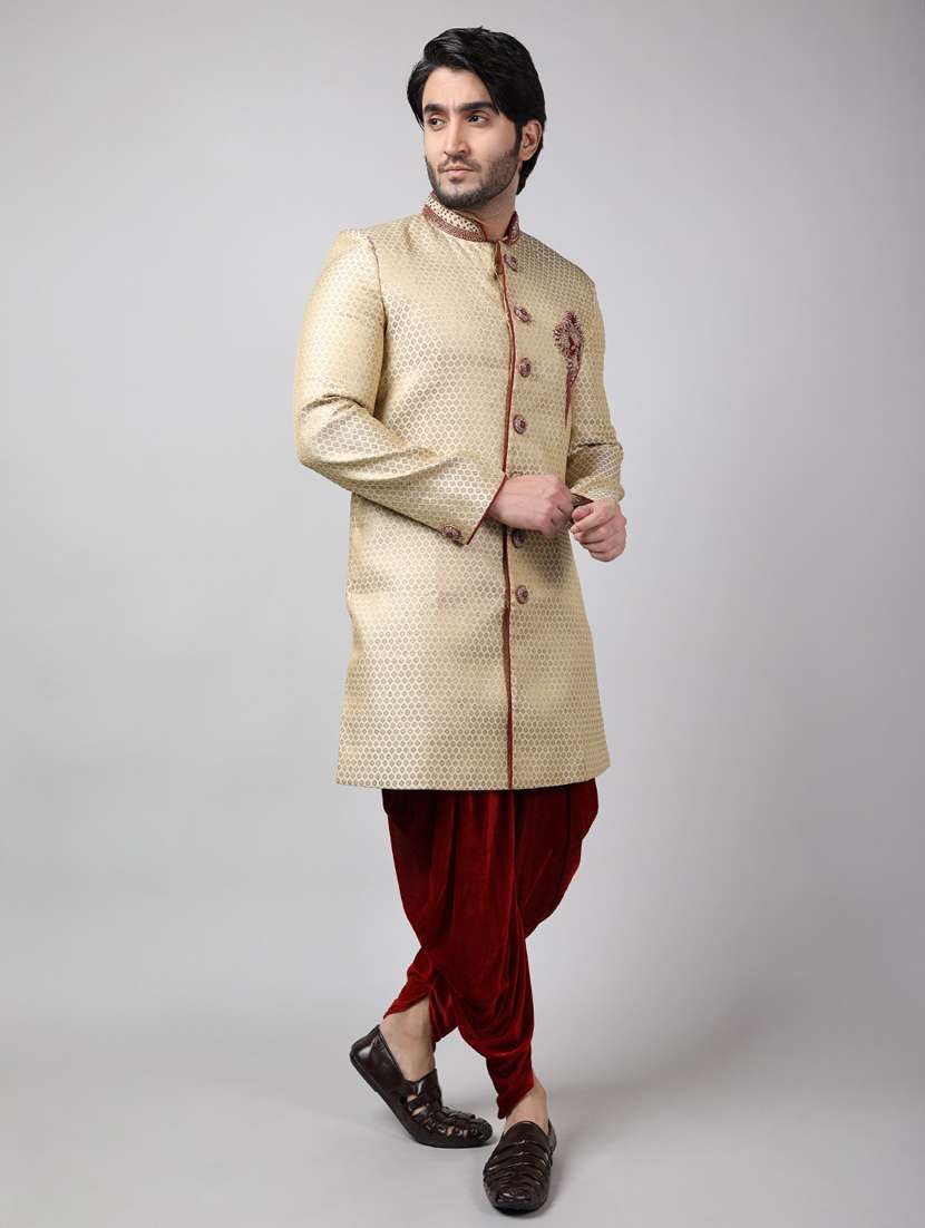 golden silk brocade sherwani ethnic wear set - 18473017 - Standard Image - 2