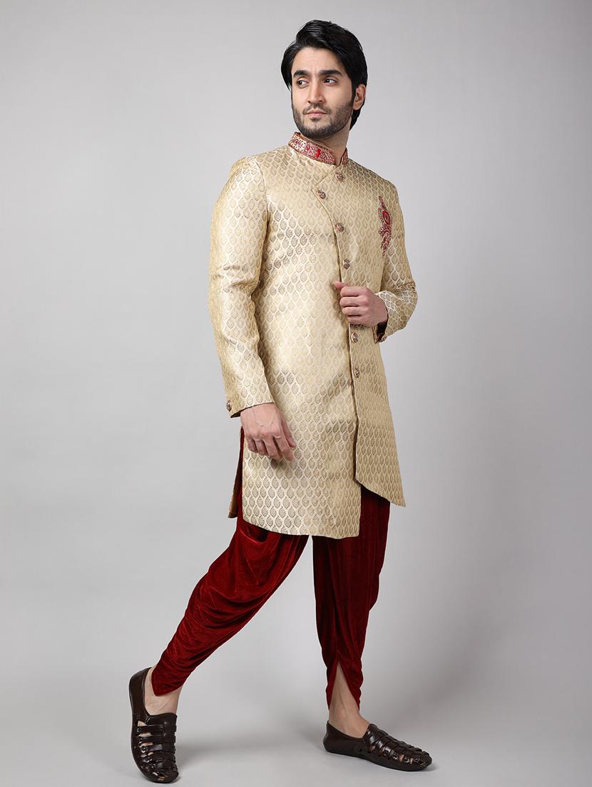 golden silk brocade sherwani ethnic wear set - 18473019 - Standard Image - 2