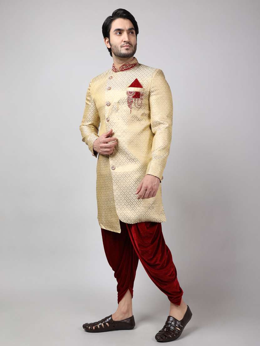 golden silk brocade sherwani ethnic wear set - 18473021 - Standard Image - 2