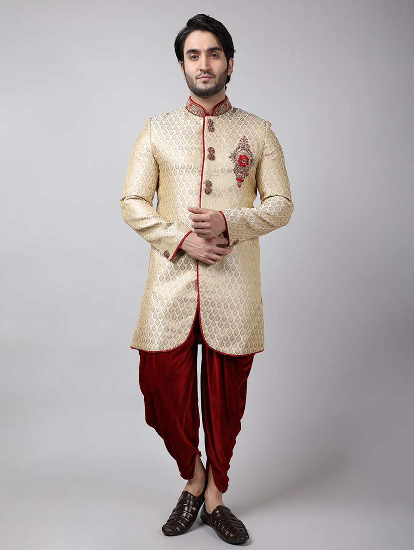 golden silk brocade sherwani ethnic wear set - 18473022 - Zoom Image - 0