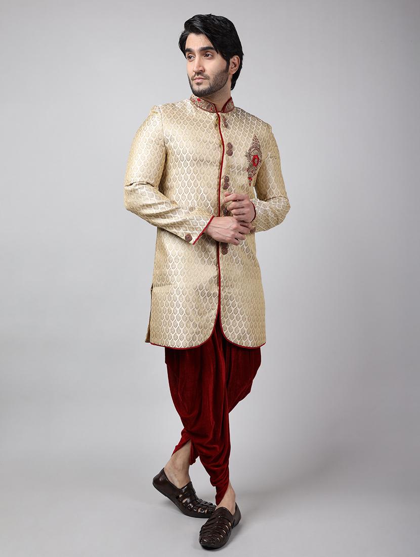 golden silk brocade sherwani ethnic wear set - 18473022 - Standard Image - 2