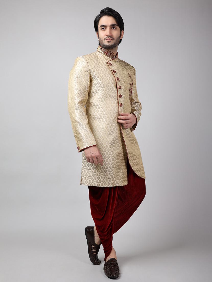 golden silk brocade sherwani ethnic wear set - 18473024 - Standard Image - 2
