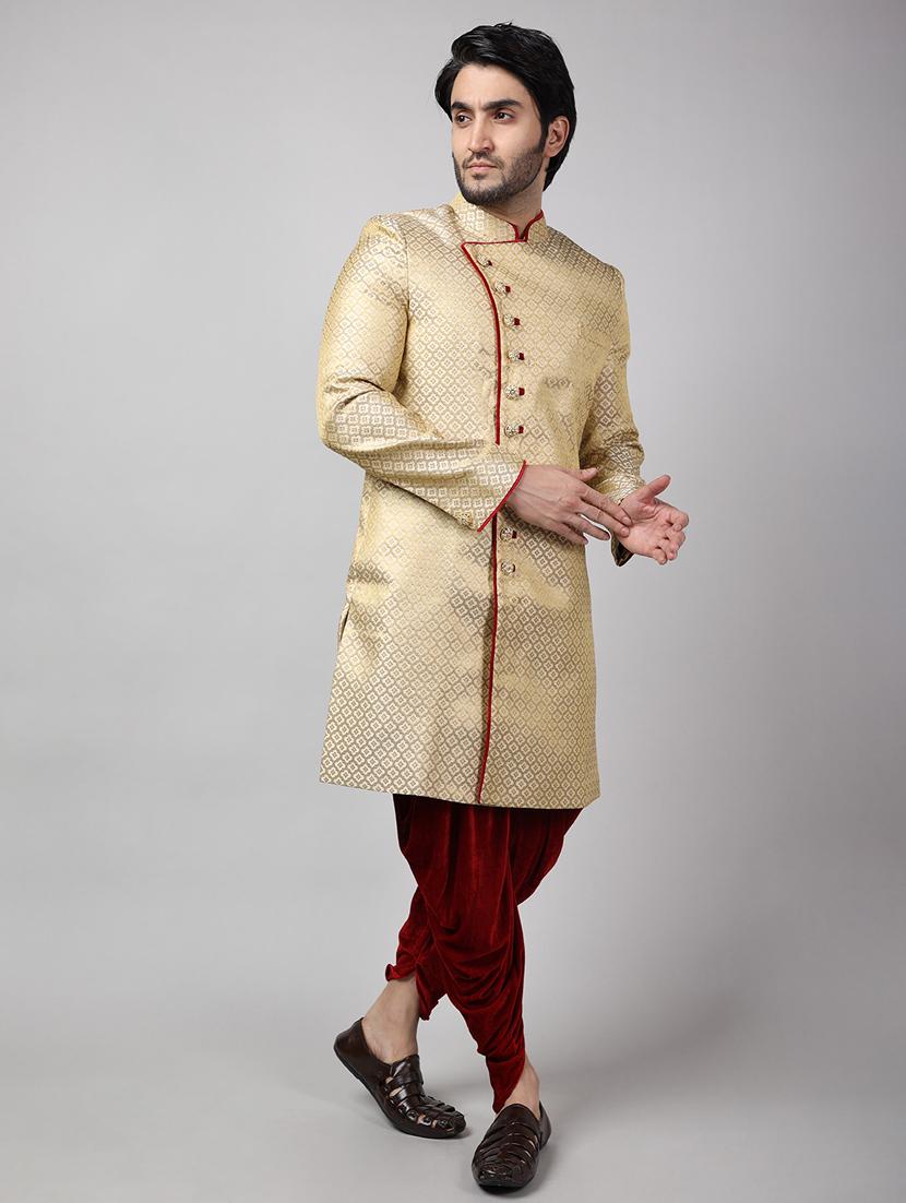 golden silk brocade sherwani ethnic wear set - 18473025 - Standard Image - 2