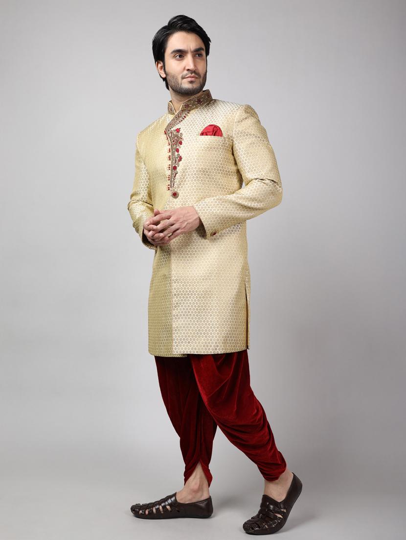 golden silk brocade sherwani ethnic wear set - 18473028 - Standard Image - 2