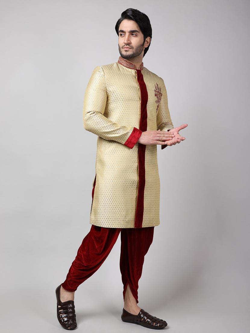 golden silk brocade sherwani ethnic wear set - 18473029 - Standard Image - 2