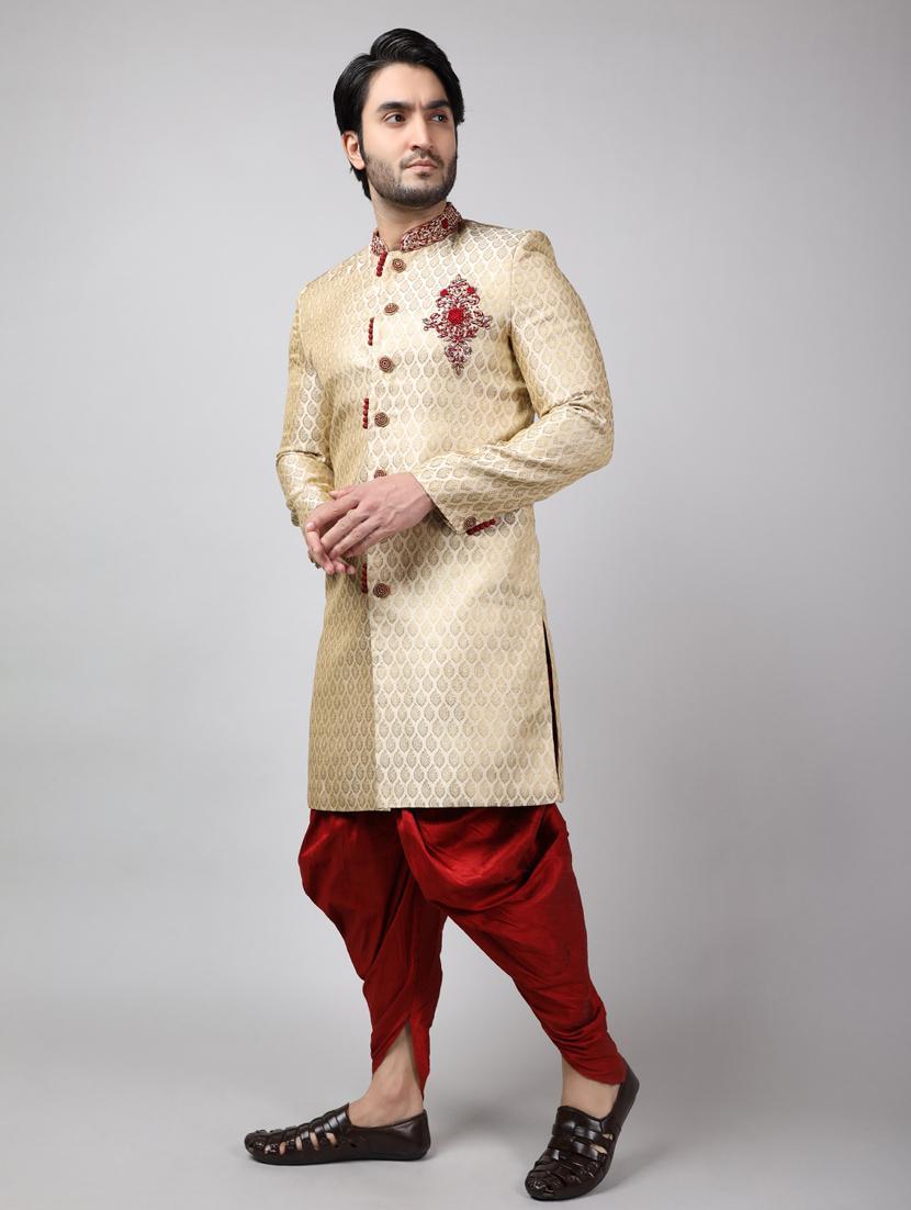 golden silk brocade sherwani ethnic wear set - 18473031 - Standard Image - 2