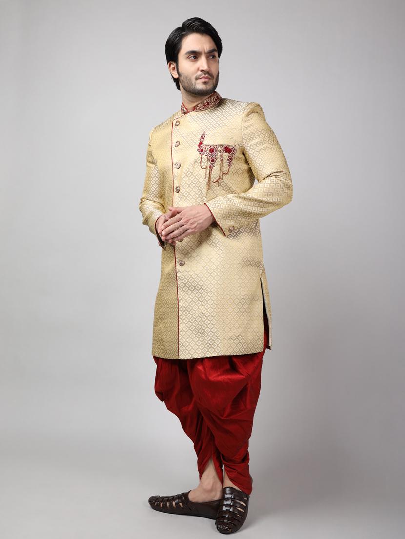 golden silk brocade sherwani ethnic wear set - 18473032 - Standard Image - 2