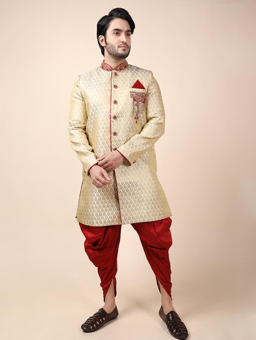 golden silk brocade sherwani ethnic wear set - 18473035 - Standard Image - 2