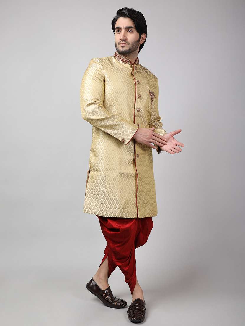 golden silk brocade sherwani ethnic wear set - 18473036 -  Standard Image - 2