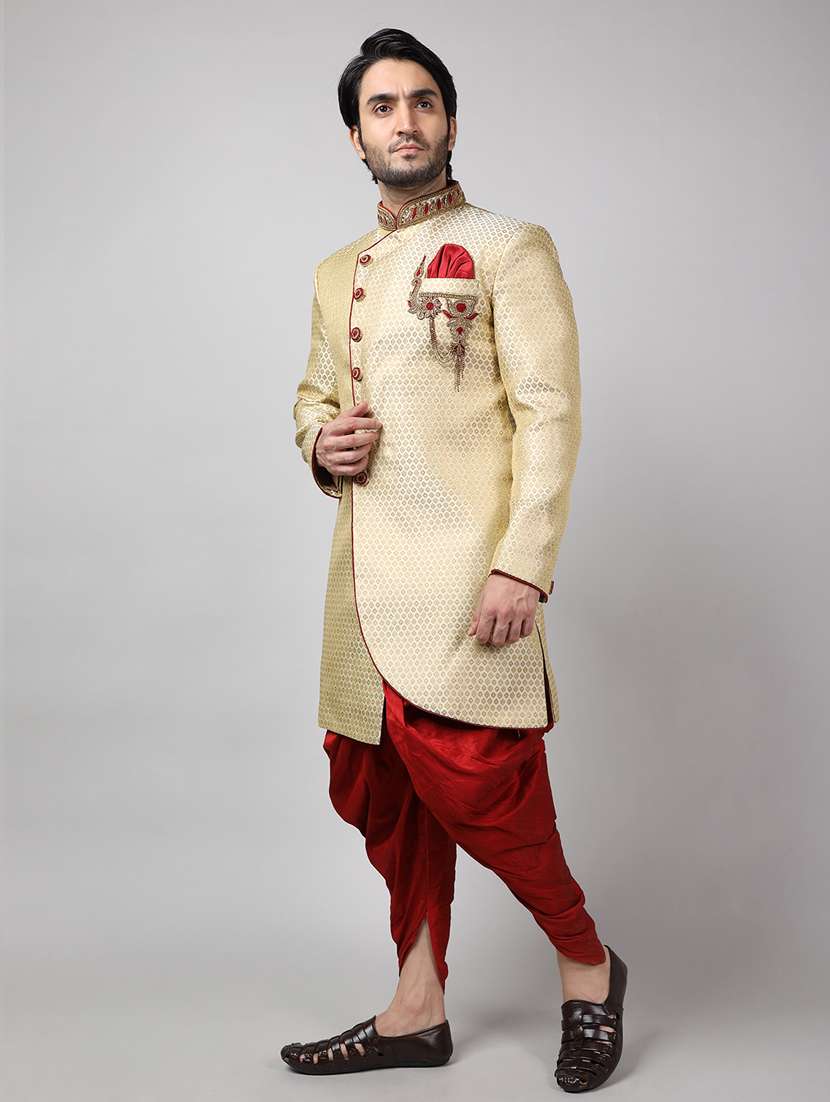 golden silk brocade sherwani ethnic wear set - 18473037 -  Standard Image - 2