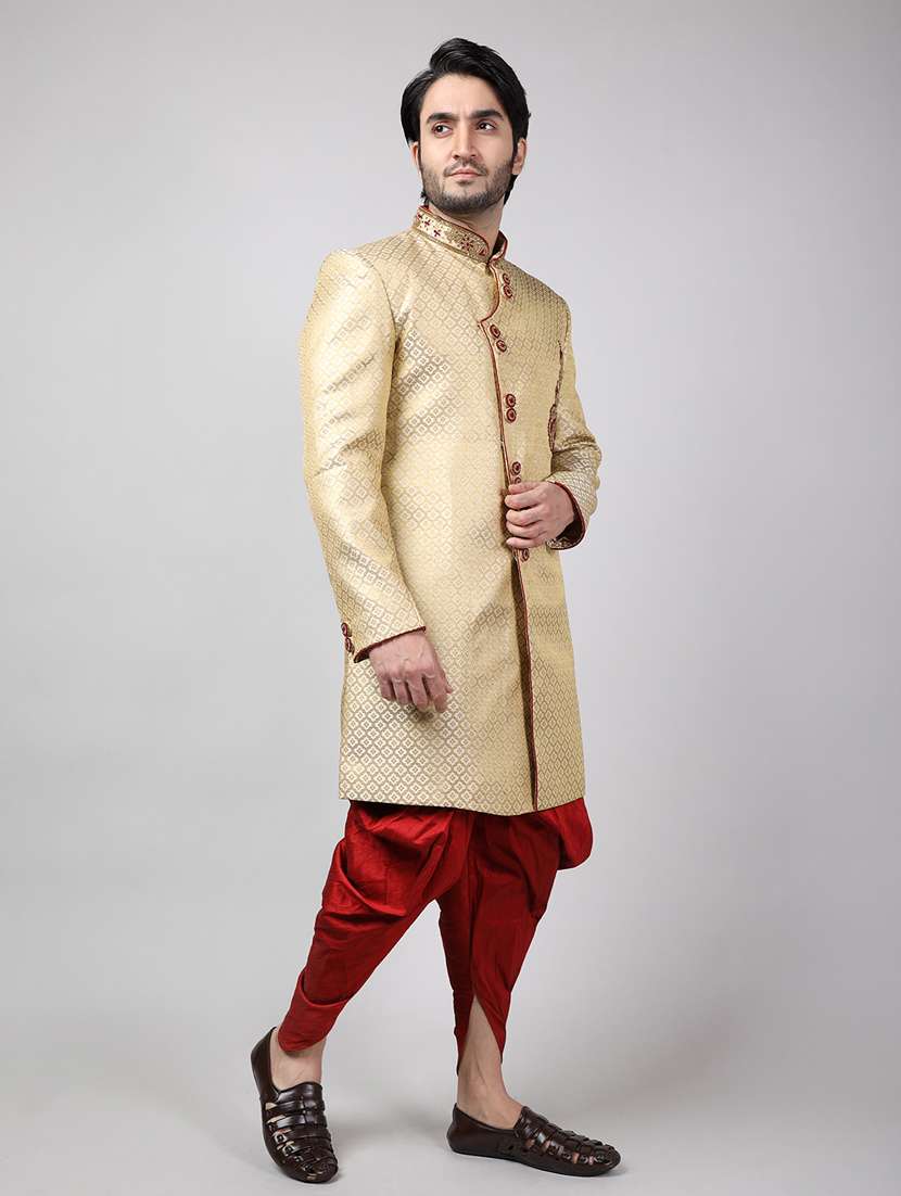 golden silk brocade sherwani ethnic wear set - 18473038 -  Standard Image - 2